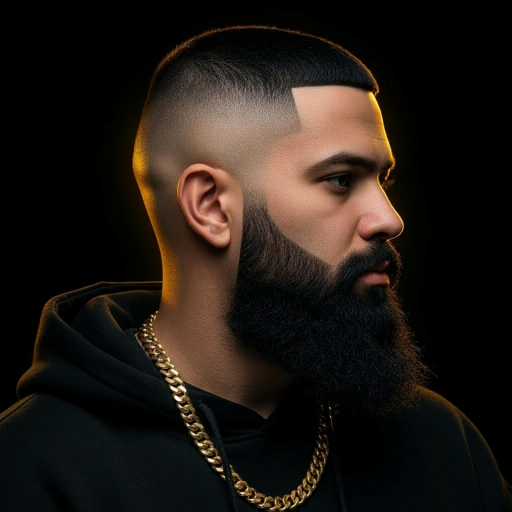 Low taper fade with sculpted full beard